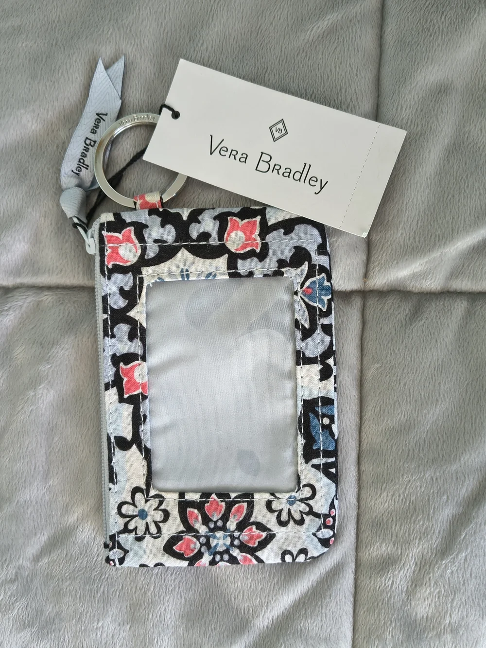 Vera Bradley Floral ID Window Wristlet Keyring — Black, White, Pink & Blue